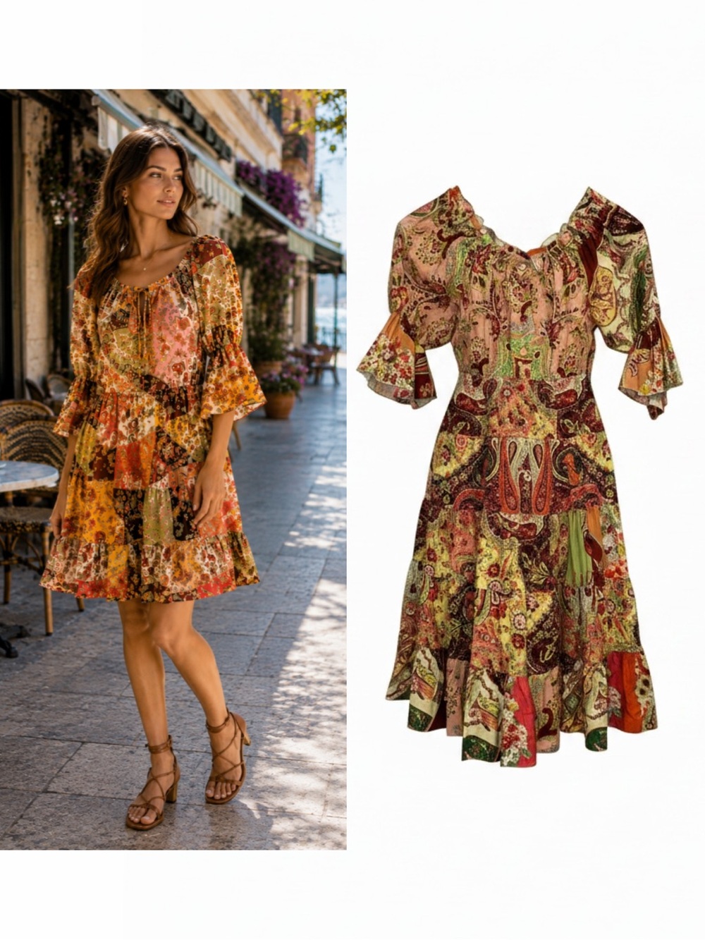 Etro Multicolor Patchwork Floral Paisley Dress 2 Boho Bell Sleeve Resort NWT 🟡